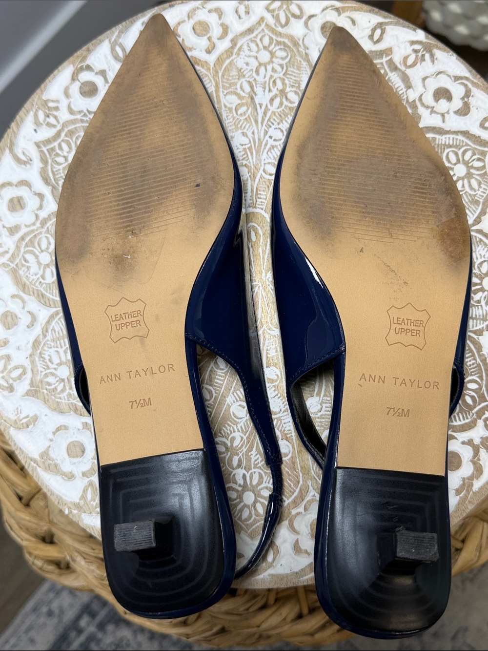Ann Taylor Navy Blue Patent Slingback Pointed Toe Kitten Heels Pump 7.5 - Picture 9 of 9
